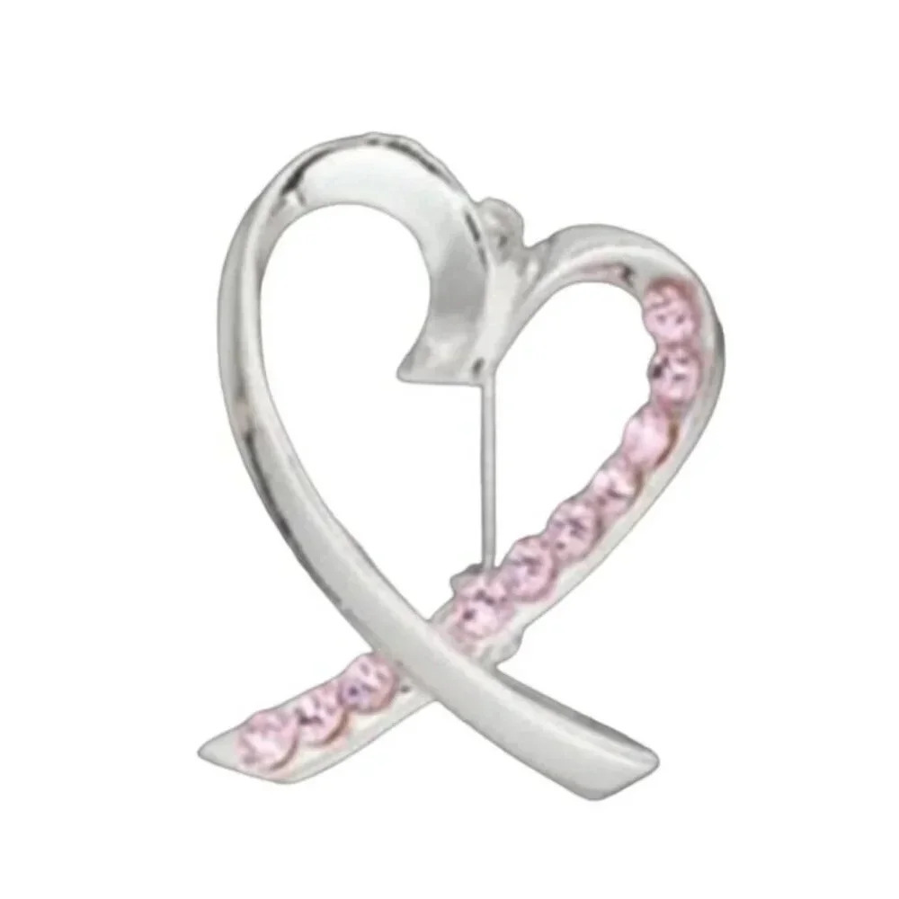 Silver Plated Modern Pink Ribbon Egyptian Crystal Open Heart Lapel Pin Brooch